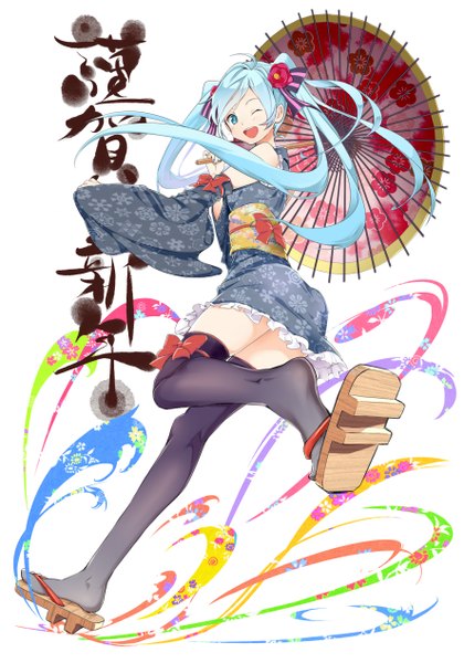 Anime picture 1776x2538 with vocaloid hatsune miku tsukota single long hair tall image blush highres open mouth twintails traditional clothes japanese clothes one eye closed hair flower aqua eyes wink aqua hair girl thighhighs hair ornament