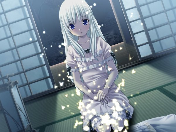 Anime picture 1024x768 with kitto, sumiwataru asairo yori mo (game) long hair blue eyes game cg white hair girl
