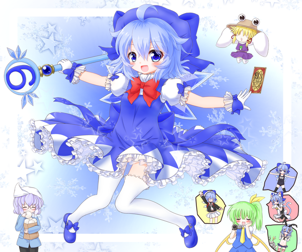 Anime picture 2700x2250 with touhou cirno moriya suwako daiyousei letty whiterock kerberos mofu mofu blush highres short hair open mouth blue eyes blue hair ahoge chibi girl thighhighs dress gloves bow