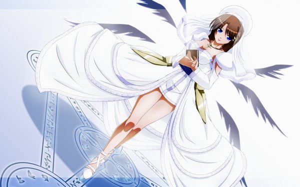 Anime picture 2586x1616 with mahou shoujo lyrical nanoha yagami hayate tappa (esperanza) single highres short hair blue eyes brown hair wide image white background girl dress wings book (books) cross cross necklace