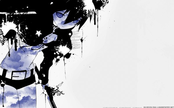 Anime picture 2560x1600 with black rock shooter black rock shooter (character) single highres black hair simple background wide image white background purple eyes monochrome scar girl navel weapon sword shorts