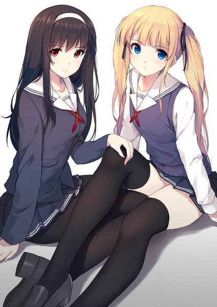 Anime picture 900x1272 with saenai heroine no sodatekata a-1 pictures kasumigaoka utaha sawamura spencer eriri caidychen long hair tall image looking at viewer blush fringe blue eyes light erotic black hair simple background blonde hair hair between eyes twintails multiple girls brown eyes payot