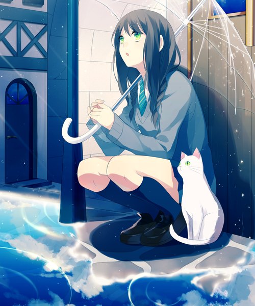 Anime picture 1000x1200 with original achiki single long hair tall image open mouth black hair green eyes braid (braids) twin braids looking up rain transparent umbrella cropped girl uniform school uniform animal socks black socks