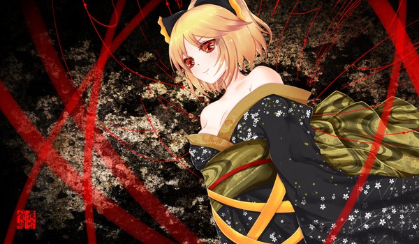 Anime picture 1800x1050 with touhou kurodani yamame dusk/dawn single looking at viewer highres short hair blonde hair smile red eyes wide image bare shoulders traditional clothes japanese clothes girl bow ribbon (ribbons) hair bow kimono obi