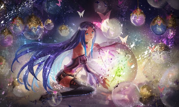 Anime picture 1200x720 with vocaloid merli (vocaloid) yamakawa umi single long hair looking at viewer blue eyes wide image sitting bare shoulders blue hair cleavage floating hair wariza girl hair ornament detached sleeves choker shorts boots