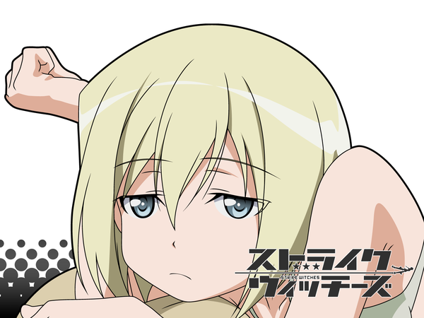 Anime picture 1600x1200 with strike witches erica hartmann single looking at viewer fringe short hair blonde hair hair between eyes white background bare shoulders payot grey eyes copyright name portrait arm behind head face vector sad girl