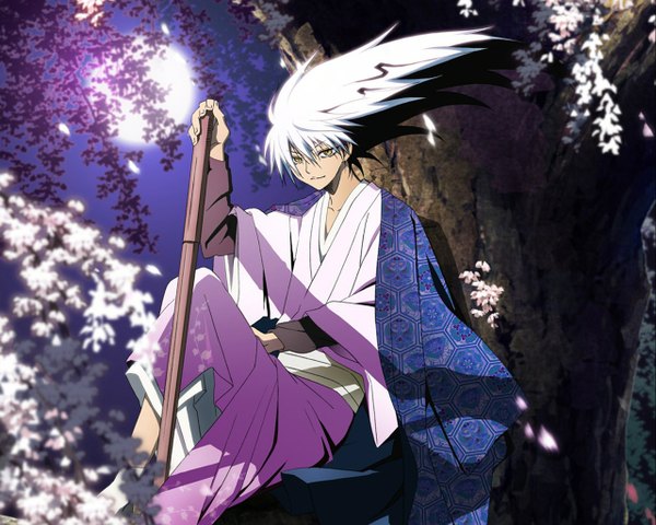 Anime picture 1280x1024 with nurarihyon no mago nura rikuo shiibashi hiroshi long hair yellow eyes white hair japanese clothes night cherry blossoms cropped boy plant (plants) tree (trees) moon