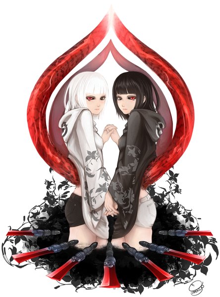 Anime picture 1185x1600 with tokyo ghoul studio pierrot yasuhisa nashiro yasuhisa kurona tamagoha tall image looking at viewer short hair black hair red eyes white background multiple girls white hair heterochromia holding hands black sclera girl 2 girls shorts white shorts