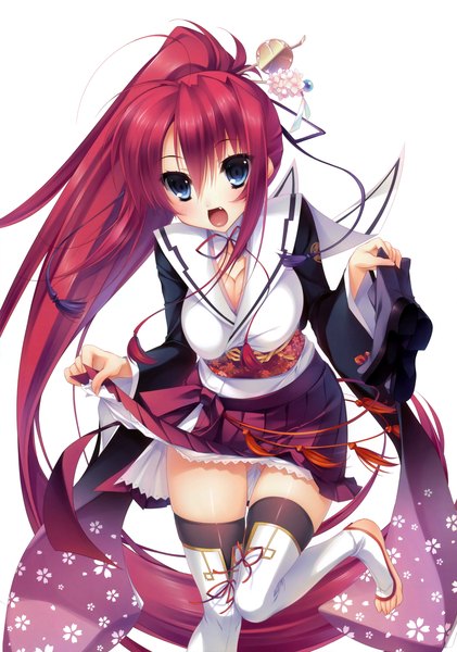 Anime picture 4600x6556 with appare! tenka gomen ginyoi kairo (artbook) tokugawa yoshine katagiri hinata single tall image looking at viewer blush highres open mouth blue eyes light erotic white background absurdres ponytail red hair very long hair traditional clothes japanese clothes scan