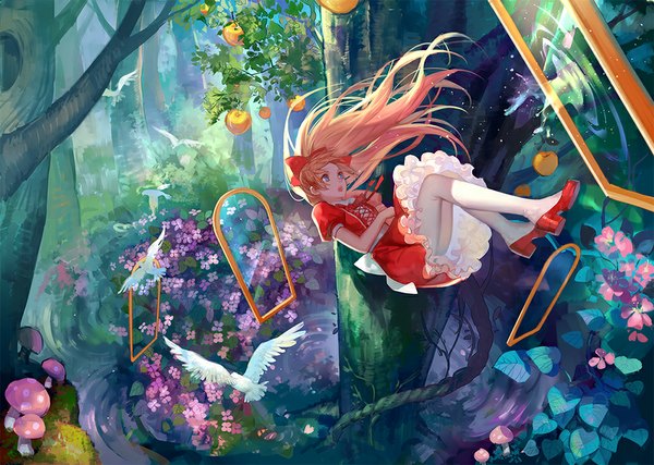Anime picture 1000x713 with original ask (askzy) single long hair blue eyes blonde hair full body girl dress flower (flowers) bow plant (plants) hair bow animal tree (trees) shoes bird (birds) fruit forest apple
