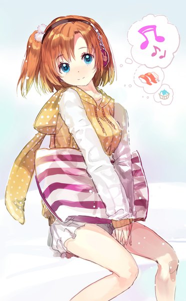 Anime picture 764x1232 with love live! school idol project sunrise (studio) love live! kousaka honoka macciatto (aciel02) single tall image looking at viewer short hair blue eyes sitting light smile orange hair one side up striped girl headphones pillow hood hoodie