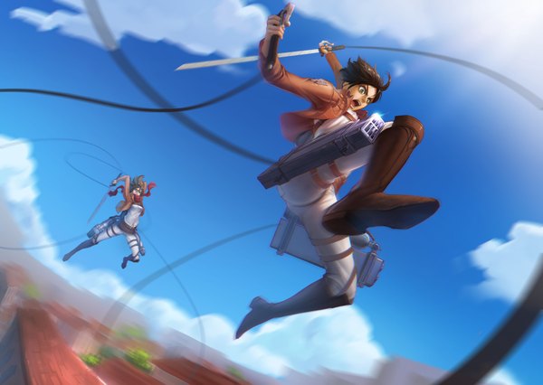 Anime picture 3490x2480 with shingeki no kyojin production i.g mikasa ackerman eren yaeger renyu1012 highres short hair open mouth blue eyes black hair holding absurdres cloud (clouds) open clothes open jacket dual wielding girl boy weapon sword