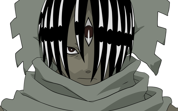 Anime picture 1920x1200 with soul eater studio bones ashura (soul eater) single fringe highres short hair black hair red eyes wide image hair over one eye transparent background boy bandage (bandages)