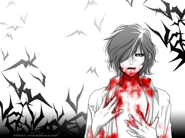 Anime picture 1280x960 with hellsing alucard (hellsing) solid&etc single fringe short hair open mouth simple background red eyes white background grey hair hair over one eye open clothes open shirt pale skin boy shirt blood bat
