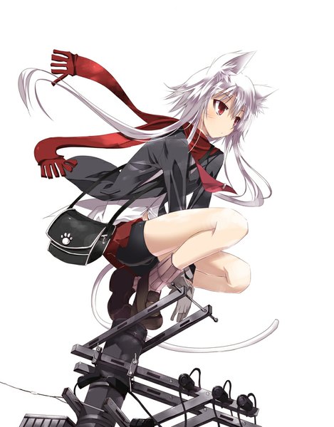 Anime picture 672x858 with original satomi single long hair tall image simple background white background animal ears looking away bent knee (knees) white hair tail animal tail cat ears cat girl cat tail squat girl gloves scarf