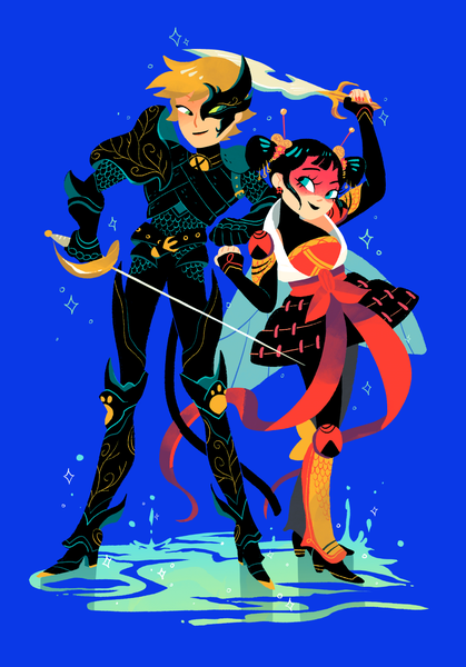 Anime picture 1000x1431 with miraculous ladybug marinette cheng adrien agreste ladybug (character) chat noir guess i have to go model now tall image short hair black hair blonde hair standing twintails holding green eyes looking away full body tail animal tail aqua eyes light smile