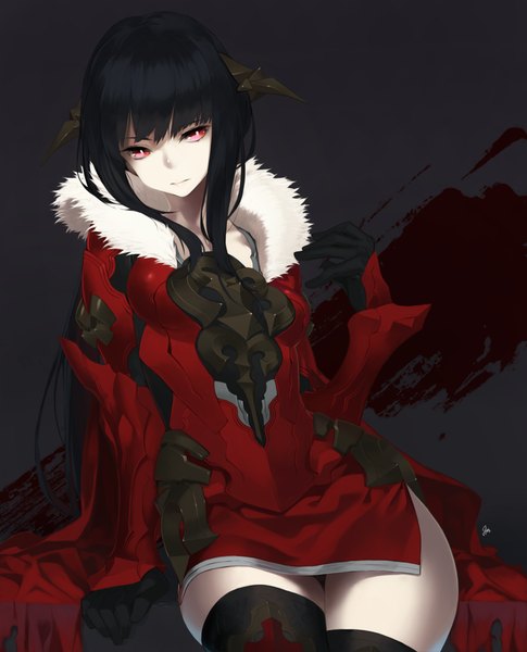Anime picture 808x1000 with lord of vermilion rishia 92m single long hair tall image looking at viewer blush black hair simple background horn (horns) arm support zettai ryouiki black background serious girl thighhighs gloves black thighhighs armor