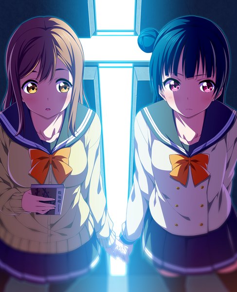 Anime picture 1335x1645 with love live! sunshine!! sunrise (studio) love live! tsushima yoshiko kunikida hanamaru 2c=galore long hair tall image blush fringe brown hair standing purple eyes multiple girls holding brown eyes blue hair looking away blunt bangs nail polish