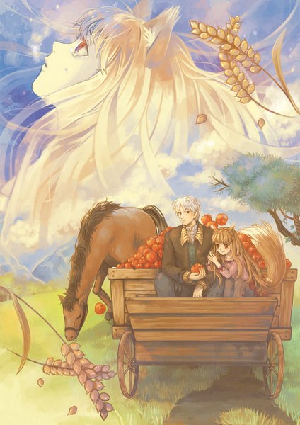 Anime picture 1000x1414 with spice and wolf horo craft lawrence hinata (rbkq) long hair tall image fringe short hair red eyes brown hair holding animal ears looking away sky bent knee (knees) white hair tail animal tail light smile grey hair