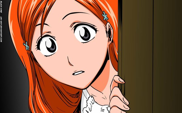 Anime picture 1024x640 with bleach studio pierrot inoue orihime single long hair looking at viewer open mouth wide image black eyes orange hair girl hair ornament hairclip