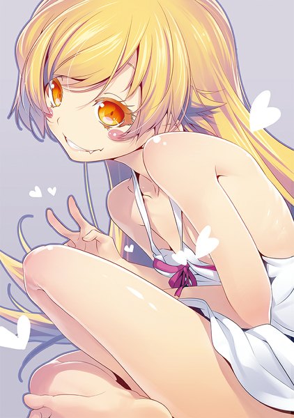 Anime picture 800x1137 with bakemonogatari shaft (studio) monogatari (series) oshino shinobu nilitsu single long hair tall image looking at viewer blush blonde hair simple background smile red eyes sitting bare shoulders grey background victory girl dress