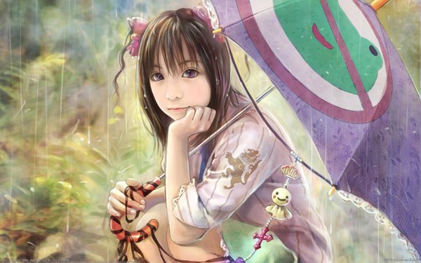 Anime picture 2560x1600 with original eat0123 long hair looking at viewer fringe highres hair between eyes brown hair sitting purple eyes twintails fingernails realistic depth of field wallpaper watermark rain chin rest girl bow