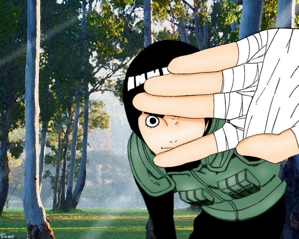 Anime picture 1280x1024 with naruto studio pierrot naruto (series) rock lee single short hair black hair smile signed upper body black eyes sunlight landscape sunbeam military boy uniform plant (plants) tree (trees) grass