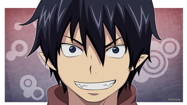 Anime picture 2000x1128 with ao no exorcist a-1 pictures okumura rin morrow single looking at viewer highres short hair blue eyes black hair smile wide image pointy ears teeth grin face boy
