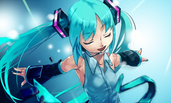 Anime picture 1262x765 with vocaloid hatsune miku single long hair open mouth wide image twintails bare shoulders eyes closed nail polish aqua hair girl detached sleeves