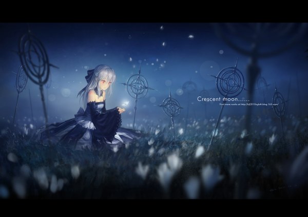 Anime picture 1228x868 with original pixiv fantasia pixiv fantasia wizard and knight hjl single long hair red eyes bare shoulders silver hair field girl dress flower (flowers) detached sleeves petals
