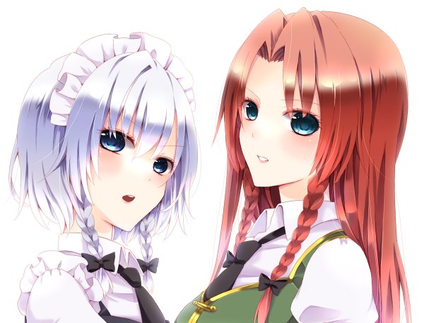 Anime picture 1200x914 with touhou izayoi sakuya hong meiling chitose (usacan) long hair looking at viewer blush short hair open mouth blue eyes simple background white background multiple girls silver hair red hair braid (braids) maid twin braids girl dress