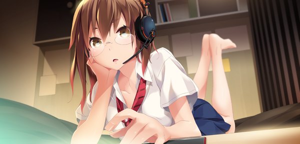 Anime picture 2250x1080 with brava! highres short hair brown hair wide image brown eyes game cg barefoot bare legs girl skirt shirt glasses headphones