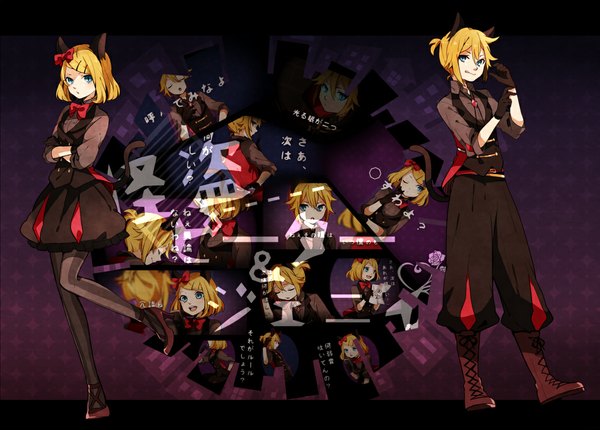 Anime picture 1114x800 with vocaloid kagamine rin kagamine len tama (songe) highres short hair open mouth blue eyes blonde hair animal ears eyes closed one eye closed wink cat ears :o cat tail finger to mouth crossed arms siblings twins
