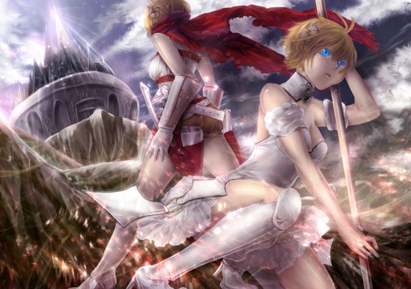 Anime picture 1476x1039 with aiiro-yozora (artist) short hair blue eyes blonde hair bare shoulders multiple girls sky cloud (clouds) legs back girl dress gloves weapon 2 girls boots scarf castle holster