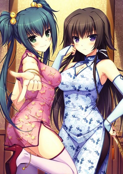 Anime picture 2970x4200 with muvluv total eclipse muv-luv takamura yui cui yifei sayori long hair tall image looking at viewer blush highres light erotic black hair purple eyes twintails multiple girls green eyes green hair chinese clothes girl thighhighs