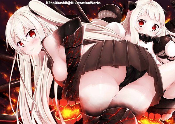 Anime picture 2000x1414 with kantai collection northern ocean hime aircraft carrier hime kaho okashii long hair blush highres breasts light erotic red eyes large breasts twintails white hair one side up shinkaisei-kan girl gloves underwear panties elbow gloves