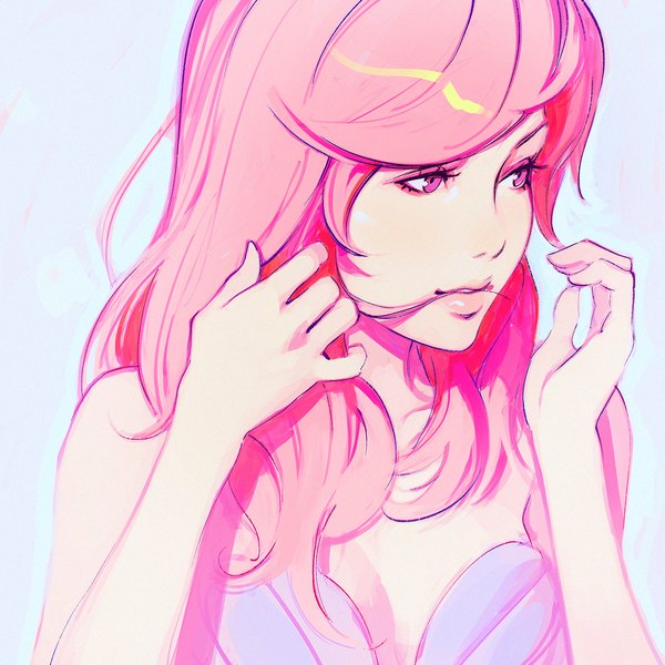 Anime picture 1080x1080 with original ilya kuvshinov single long hair simple background smile bare shoulders looking away pink hair cleavage upper body parted lips pink eyes lips lipstick adjusting hair portrait blue background eyeshadow pink lipstick