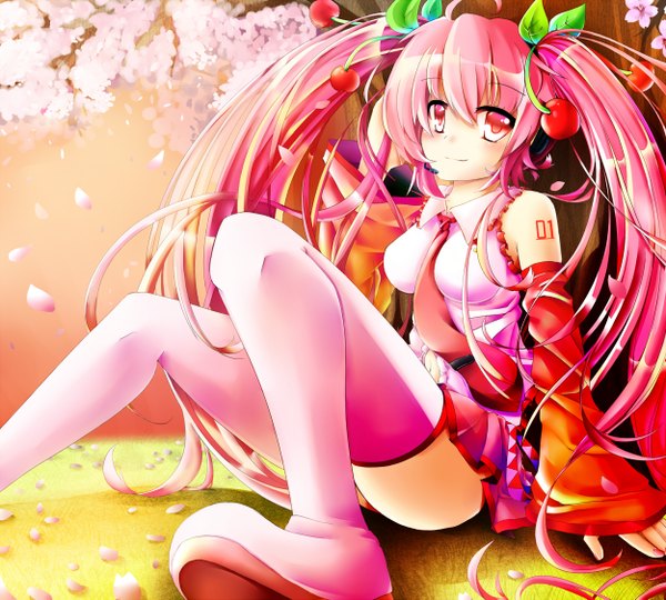 Anime picture 1250x1125 with vocaloid hatsune miku sakura miku tagme (artist) single long hair smile red eyes twintails pink hair girl detached sleeves necktie food thigh boots berry (berries) cherry