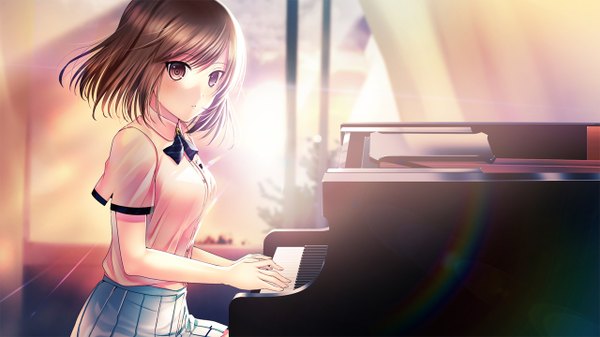 Anime picture 1280x720 with himawari to koi no kioku oginohama akane minamihama yoriko single looking at viewer blush fringe short hair breasts brown hair wide image sitting brown eyes game cg pleated skirt wind short sleeves girl skirt uniform