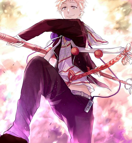 Anime picture 1330x1440 with ao no exorcist a-1 pictures shima renzou tall image short hair blonde hair smile pink eyes boy sword headphones katana wire (wires) digital media player