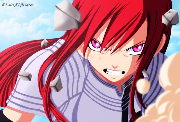 Anime picture 1152x781 with fairy tail erza scarlet khalilxpirates single long hair sky cloud (clouds) red hair pink eyes grin coloring smoke angry girl armor debris