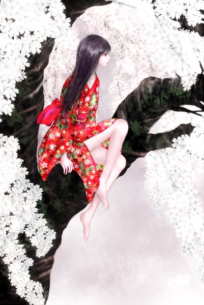 Anime picture 1040x1556 with original kota (pixiv) single long hair tall image fringe black hair sitting brown eyes looking away traditional clothes japanese clothes profile barefoot legs cherry blossoms floral print girl plant (plants) tree (trees)