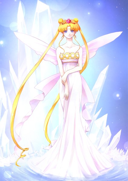 Anime picture 867x1226 with bishoujo senshi sailor moon toei animation tsukino usagi mebae16 single tall image looking at viewer blue eyes blonde hair twintails bare shoulders very long hair girl dress crown crystal
