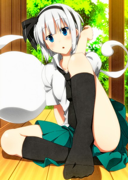 Anime picture 800x1120 with touhou konpaku youmu myon sazanami mio single tall image looking at viewer blush short hair open mouth blue eyes white hair legs ghost girl dress socks necktie hairband black socks