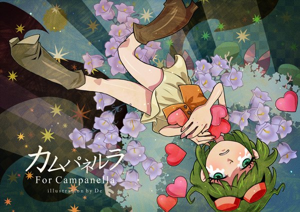 Anime picture 1447x1023 with vocaloid campanella (vocaloid) gumi de (artist) short hair green eyes green hair falling girl flower (flowers) boots heart knee boots
