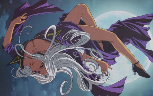 Anime picture 2560x1600 with aa megami-sama anime international company urd long hair highres breasts light erotic wide image purple eyes cleavage white hair night high heels dark skin facial mark forehead mark shoes moon jewelry ring