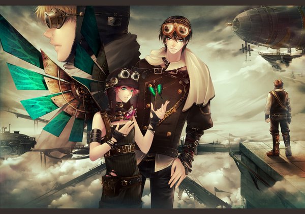 Anime picture 1400x982 with south park eric theodore cartman kenny mccormick kyle broflovski stanley randall marsh saru (pixiv 1267140) looking at viewer short hair open mouth blonde hair smile brown hair standing green eyes looking away red hair alternate costume goggles on head steam punk quartet