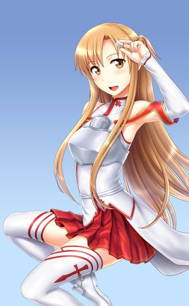 Anime picture 626x1012 with sword art online a-1 pictures yuuki asuna st.germain-sal single long hair tall image looking at viewer blush open mouth simple background brown hair brown eyes girl thighhighs skirt detached sleeves white thighhighs