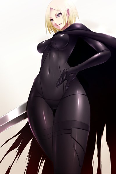 Anime picture 665x1000 with claymore madhouse helen shokuyou mogura single tall image looking at viewer short hair breasts light erotic blonde hair brown eyes girl weapon sword cape bodysuit