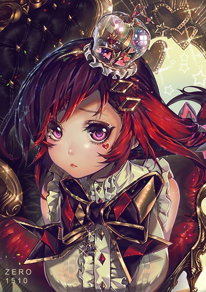 Anime picture 566x800 with love live! school idol project sunrise (studio) love live! nishikino maki akizero1510 single long hair tall image looking at viewer purple eyes red hair dated alternate hairstyle :< girl dress hair ornament frills heart bowtie